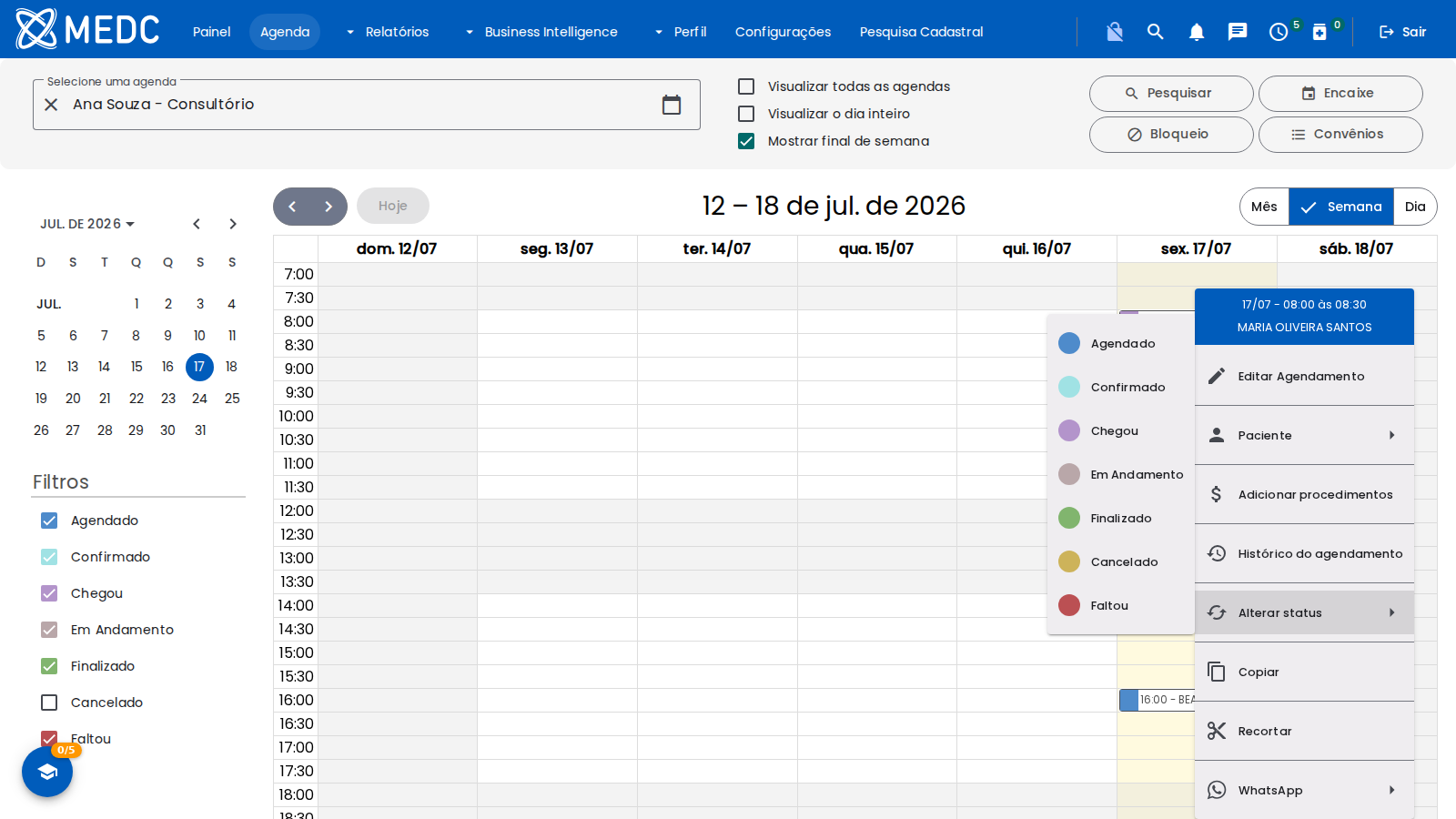 Submenu de alterar status do paciente com cores por situação