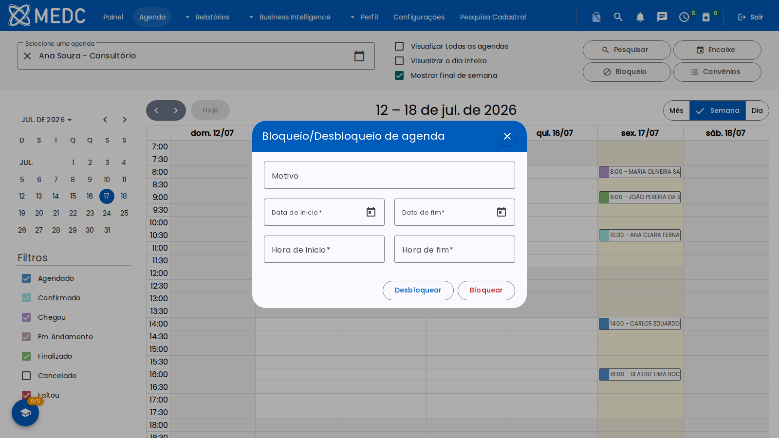 Janela de bloqueio e desbloqueio de agenda com motivo, datas e horas