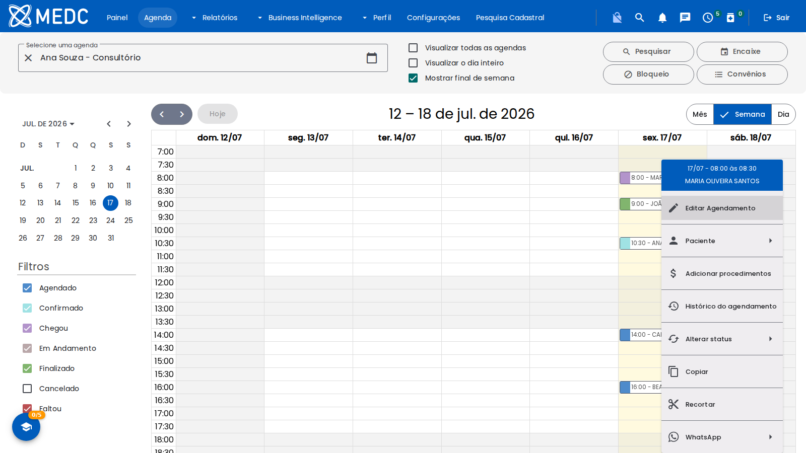 Menu do agendamento com editar, paciente, procedimentos, status e WhatsApp