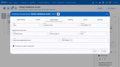 Cadastro do paciente com o responsável financeiro e a opção de cobrar o responsável