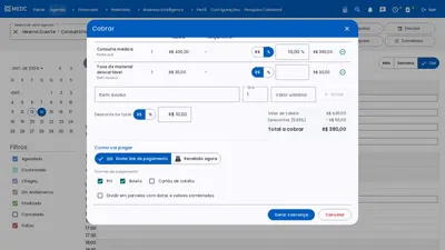Diálogo Cobrar com desconto no item, item avulso, desconto no total e resumo