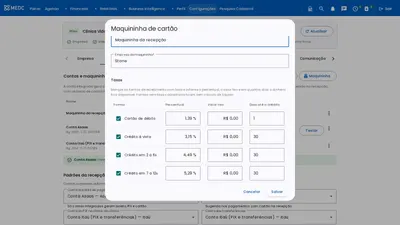 Cadastro da maquininha com a tabela de taxas de débito e crédito