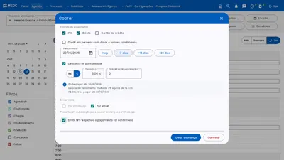 Diálogo Cobrar com vencimento, desconto de pontualidade, envio do link e nota fiscal