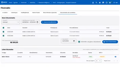 Novo faturamento de convênio com os atendimentos do período selecionados