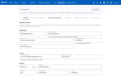 Aba Empresa do Financeiro com o checklist e o formulário de cadastro da clínica no Bankr