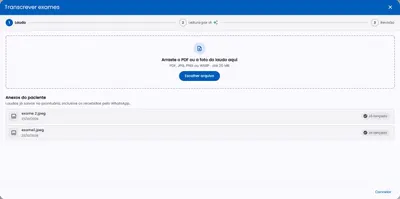 Janela Transcrever exames do MEDC, com área para arrastar o PDF ou a foto do exame e lista de anexos do paciente marcados como já lançados