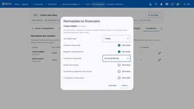 Diálogo de permissões do financeiro de uma secretária