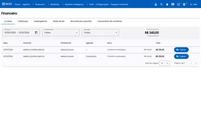 Lista A cobrar com o atendimento, os itens, o total e o botão Cobrar