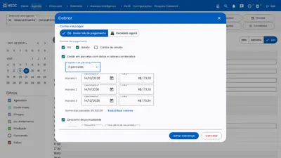 Cobrança dividida em três parcelas com datas e valores