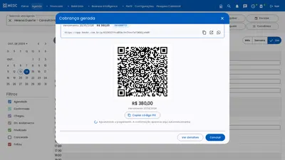 Cobrança gerada no MEDC com o link de pagamento e o QR Code do PIX