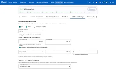 Padrões de cobrança com formas de pagamento, multa, juros e desconto de pontualidade