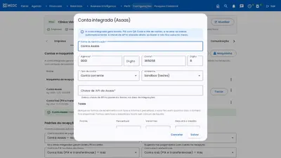 Cadastro da conta integrada ao Asaas com agência, conta, ambiente e chave de API