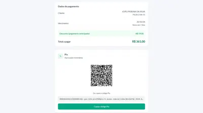 Página de pagamento com o total, o desconto de pontualidade, o PIX e o boleto