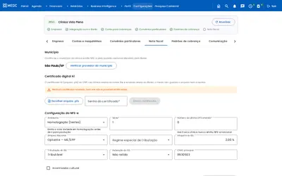Configuração da nota fiscal com município, certificado digital, dados da NFS-e e serviços