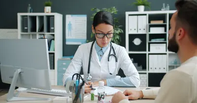 Médica conversando com um paciente durante uma consulta presencial, com computador e anotações sobre a mesa