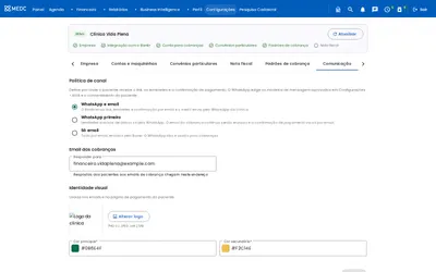 Aba Comunicação com a política de canal, email de resposta e identidade visual