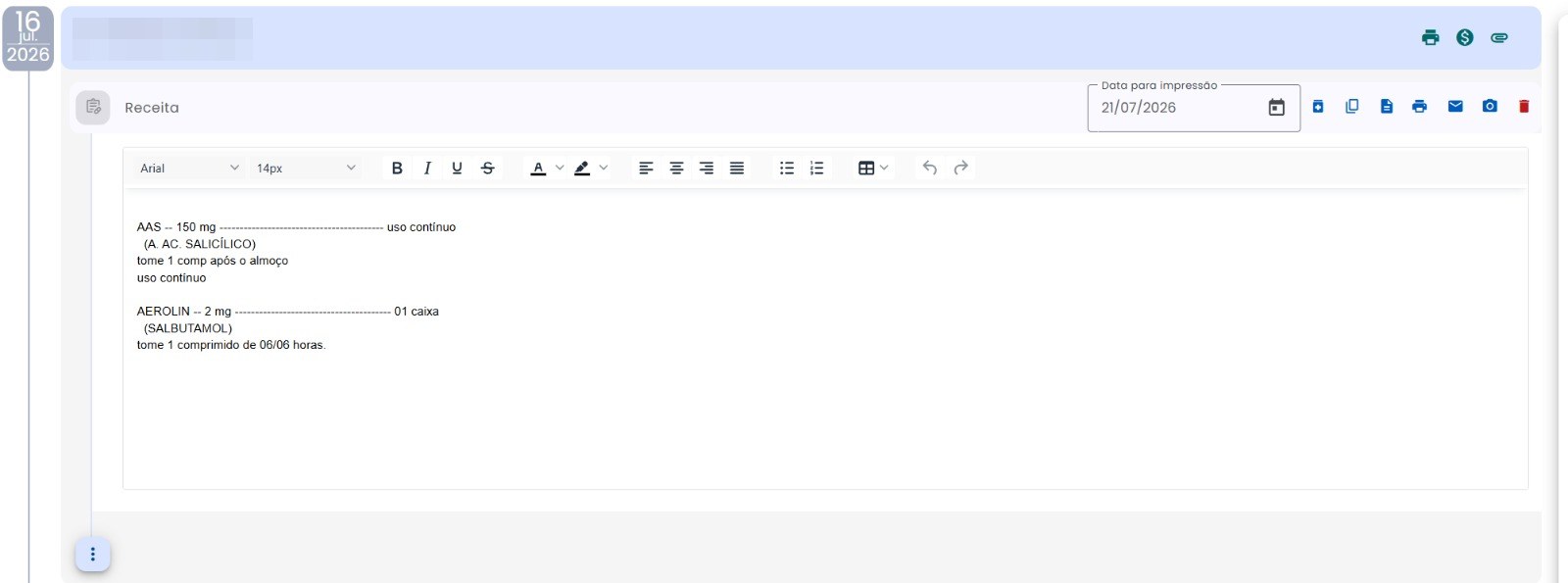 Tela do MEDC com o editor de receita aberto, mostrando os campos de prescrição prontos para preenchimento