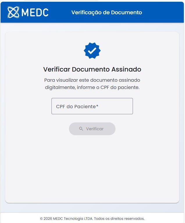 Tela de verificação do MEDC com campo para informar o CPF do paciente e botão Verificar
