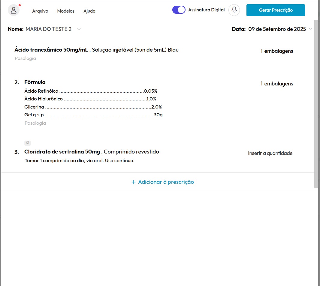 Tela de prescrição digital com lista de medicamentos, posologia e opção de assinatura digital ativada
