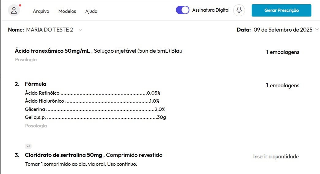 Tela de sistema de prescrição médica digital, com campos de medicamento, posologia e botão de assinatura digital