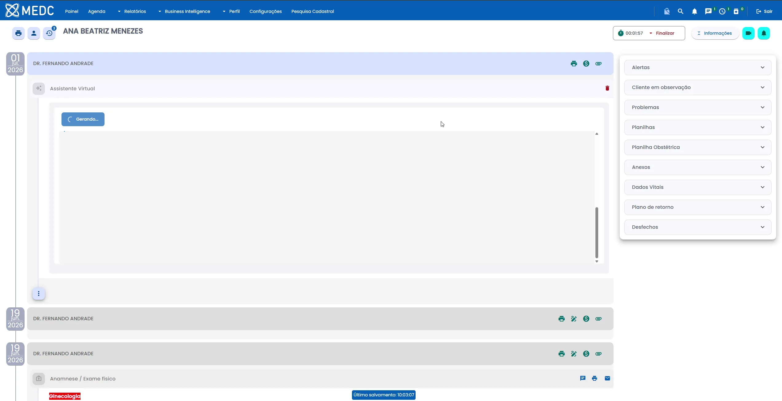 A mesma tela com o botão indicando Gerando, enquanto a IA processa a transcrição.